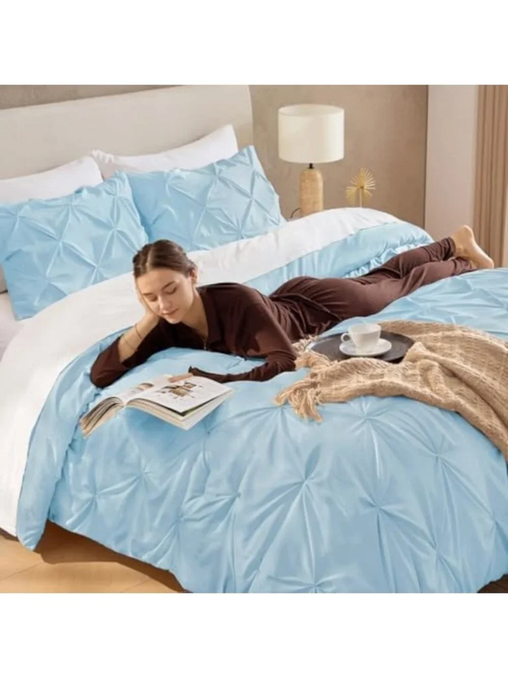 Light Blue Queen Comforter Set - 3 Piece Pinch Pleat Bedding for Cozy Home Decor